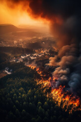 Fototapeta na wymiar AI generated Burning houses and forest at night with a lot of smoke