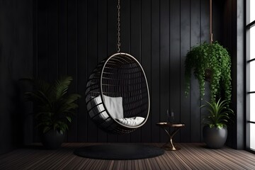A 3D rendered image of a terrace with a black plank wall design and decor items.