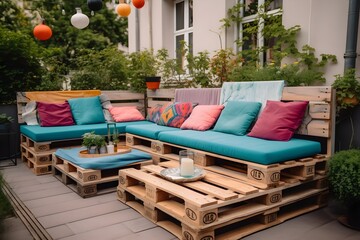 A charming and inviting arrangement of pallet furniture adorned with vibrant and whimsical cushions.