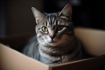 A grey tabby cat is sitting inside a cardboard box on the floor.