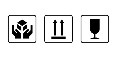 a set of warning icons on the product packaging handle it carefully, fragile, do not turn it over. vector illustration.