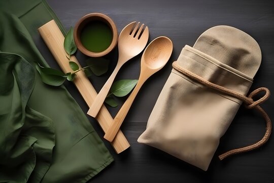 A Reusable Eco Bag With Bamboo Cutlery Designed To Be Environmentally Friendly.