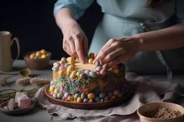 Obraz na płótnie Canvas A joyful woman poses while cutting an Easter cake to celebrate the holiday.