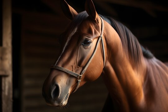 A close-up photograph of a majestic thoroughbred horse's head inside a stable.