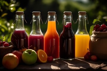 An assortment of fresh fruits and juices stored in glass bottles.