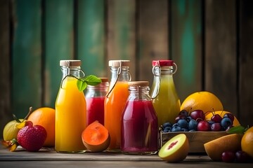 A colorful display of fresh juices in bottles and a variety of fruits.