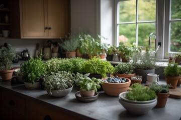 A variety of potted plants arranged on a counter in a home garden.