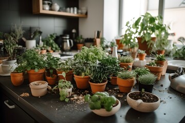 Various potted plants arranged on a kitchen counter in a home garden.