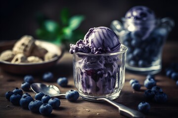 A delicious scoop of ice cream topped with fresh blueberries and served with a spoon.