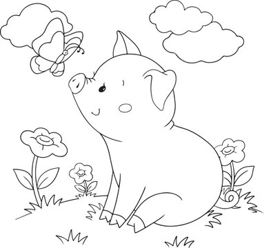 cute little pig with a flower coloring page for coloring book