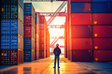 Obraz premium engineer control loading containers box from factory to cargo freight ship. Container yard worker checking container at container yard warehouse. Shipping import export industry Logistics business.
