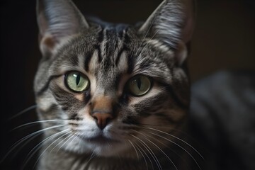 Close-up portrait of a stunning gray striped cat.