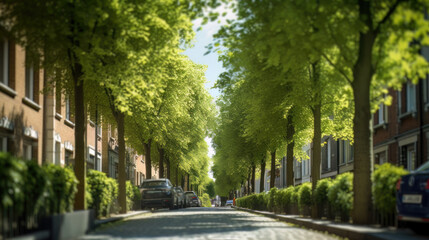 Fototapeta na wymiar AI generated view of a modern city street with lots of trees and greenery