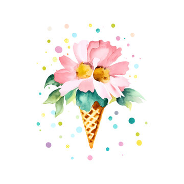 Watercolor painting ice cream waffle cone with pink flowers and colourful dots isolated on white