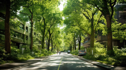 AI generated view of a modern city street with lots of trees and greenery