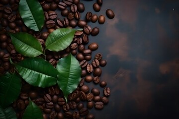 A rustic, vintage display of aromatic roasted coffee beans accompanied by fresh green leaves.
