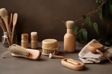 A collection of environmentally-friendly beauty products including soap and shampoo