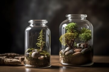 A collection of small plants on display inside a glass bottle.