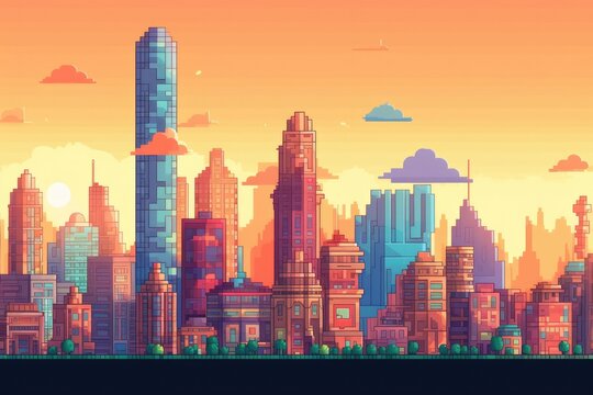 Modern city with skyscrapers, pixel art. Generative AI
