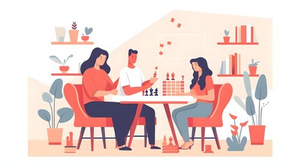 Flat illustration of people playing board games.
