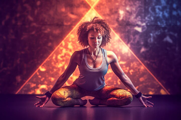 Woman sitting in meditation exercise pose, abstract background. Generative AI