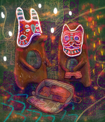Illustration. Two magical creatures in masks are packing a suitcase. Travel, relocation, relocation.