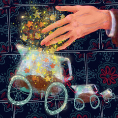 Fototapeta na wymiar Illustration of a teapot for coffee and a hand with stars