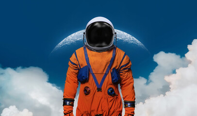 Astronaut stand on blue background with Moon and clouds. Collage with spaceman and Moon in blue sky. Sci-fi wallpaper. Elements of this image furnished by NASA