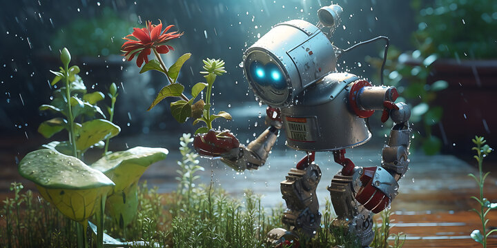 a robot watering plants and  flowers - generative AI, KI