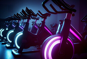 a line of exercise bikes in an indoor gym, in the style of ultraviolet photography. Ai generative.
