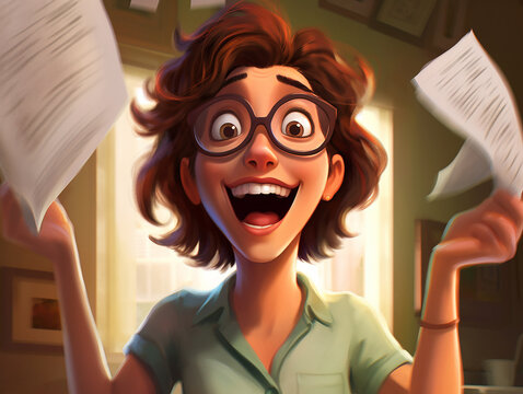 personaggio femminile con in mano documenti o bollette, espressione felice e sorridente, creato con ai