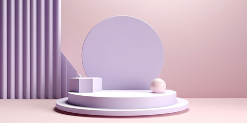 Round podium on light purple background. Lavender and lilac colors, monochromatic product stage, Generative AI.