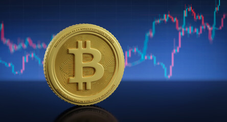 Bitcoin 3d render illustration on crypto currency chart background. Finance and money