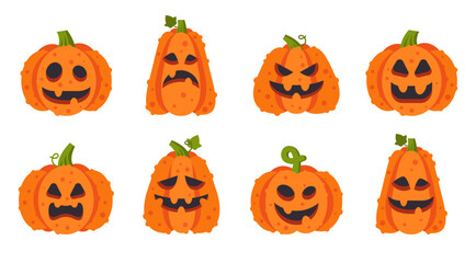 Cartoon halloween pumpkins. Carving scary pumpkins, spooky jack-o-lantern with grimace faces. October holiday decorations flat vector illustration set
