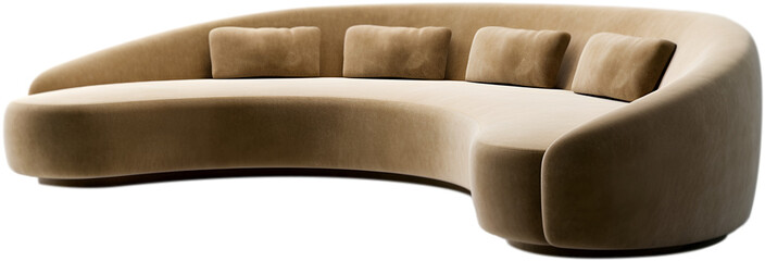 Isolated png beige curved velvet luxury designer sofa, transparent background
