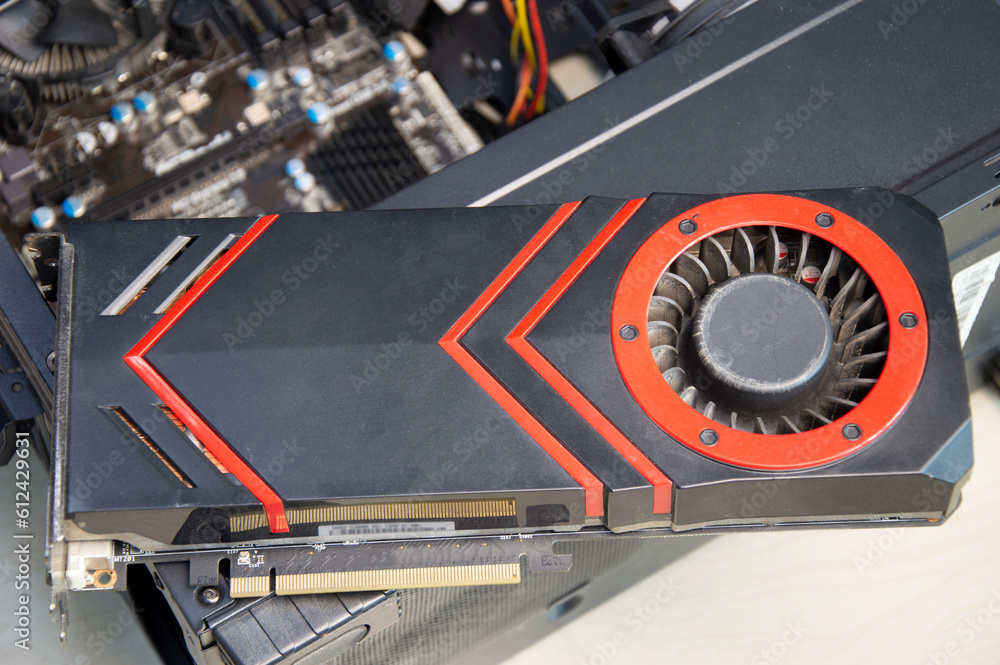 Poster top view computer graphics card with dust stuck, computer repair