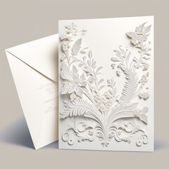Wedding invitation 3D embossed floral ornate model render sculpture with white flowers. Wedding banner modern style. Carving art sculpture, wood, and flower carving.