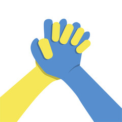 hands painted in Ukraine Sweden flag colors yellow-blue holding. Stop the war and the power of Ukraine - 612429682