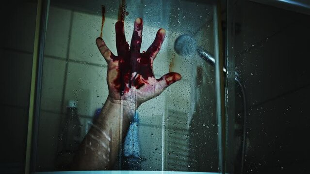 Murder Crime Bloody Hand on Shower Window