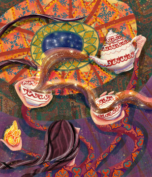 Tea party illustration. Patterned teapot and cups. A girl at a tea ceremony in a yurt. Ethnic image.