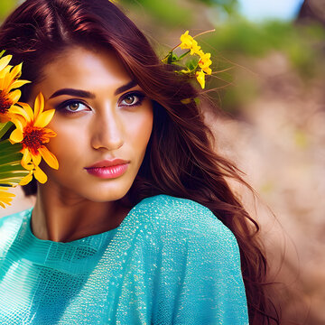 Mujer joven y guapa con flores en el pelo