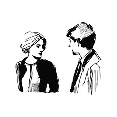 black and white continuous line drawing of two people talking, Minimalist black linear sketch isolated on white background. Vector illustration, outine