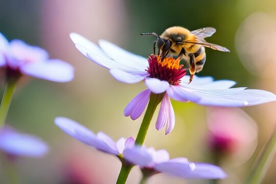 A honeybee collecting nectar: Paint a vivid picture of a honeybee delicately hovering over a flower, its fuzzy body and translucent wings visible up close. Describe the way it dips 