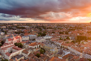 Aerial view of Vilnius Old Town, one of the largest surviving medieval old towns in Northern Europe. Landscape of UNESCO-inscribed Old Town of Vilnius, Lithuania