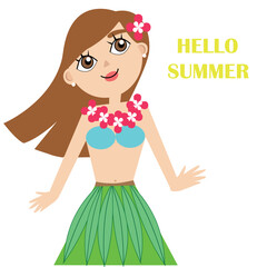 Hand drawn beautiful cute hula girl with hibiscus necklace. Vector illustration.