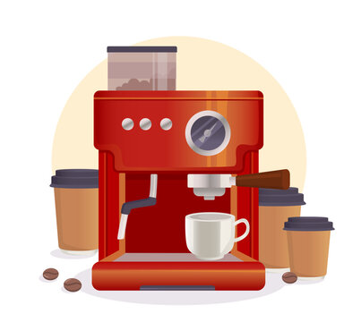 Coffee maker with cups concept. Hot drinks and tea. Comfort and coziness in office. Aroma and beverage. Apparatus for preparing drink from grains. Cartoon flat vector illustration