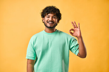 Handsome indian man in turquoise t-shirt showing ok gesture with one hand while looking at camera...