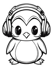 Fototapeta premium A penguin wearing headphones and listening to music. Generative AI. Coloring book for kids.