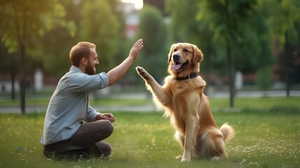 A man trains a dog in the park. A man is playing with a dog. Generative AI.