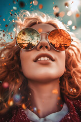 Woman wearing sunglasses. Happy at a festival.